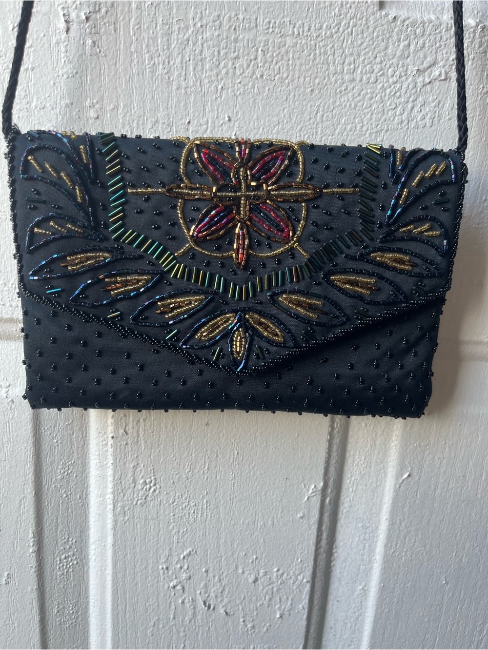 Embellished Black Beaded Crossbody Clutch